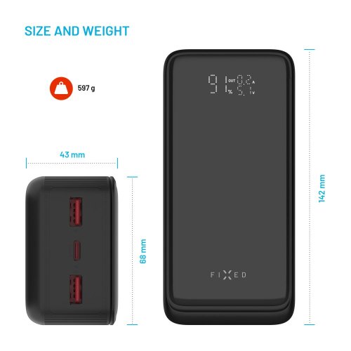 Powerbanka FIXED Zen2 30 Plus s LCD displejem PD 65W, 30 000 mAh, černá