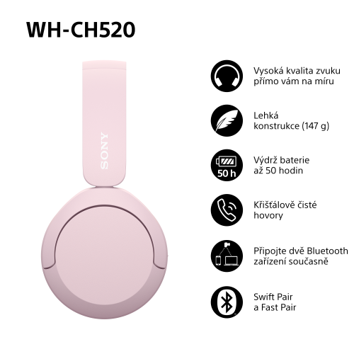 SONY WH-CH520 Růžová (Bluetooth sluchátka)