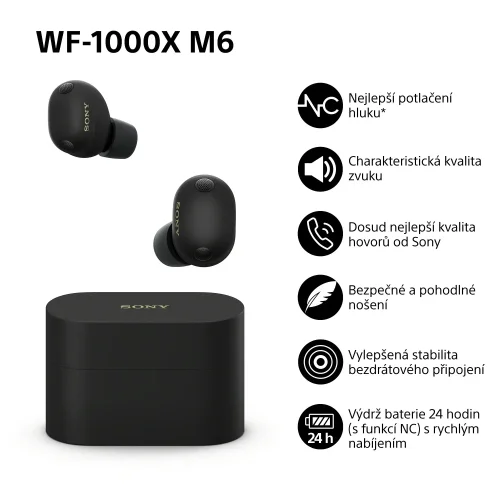 SONY WF-1000XM6 Black + FIXED SlimPad, 15W - Podložka pro rychlé bezdrátové nabíjení