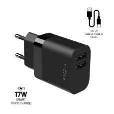 Síťová nabíječka FIXED s 2xUSB výstupem, 17W Smart Rapid Charge, černá + USB/USB-C kabel 1m