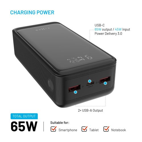 Powerbanka FIXED Zen2 30 Plus s LCD displejem PD 65W, 30 000 mAh, černá