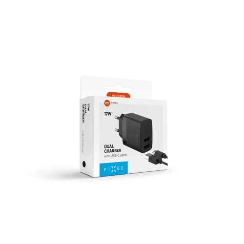 Síťová nabíječka FIXED s 2xUSB výstupem, 17W Smart Rapid Charge, černá + USB/USB-C kabel 1m